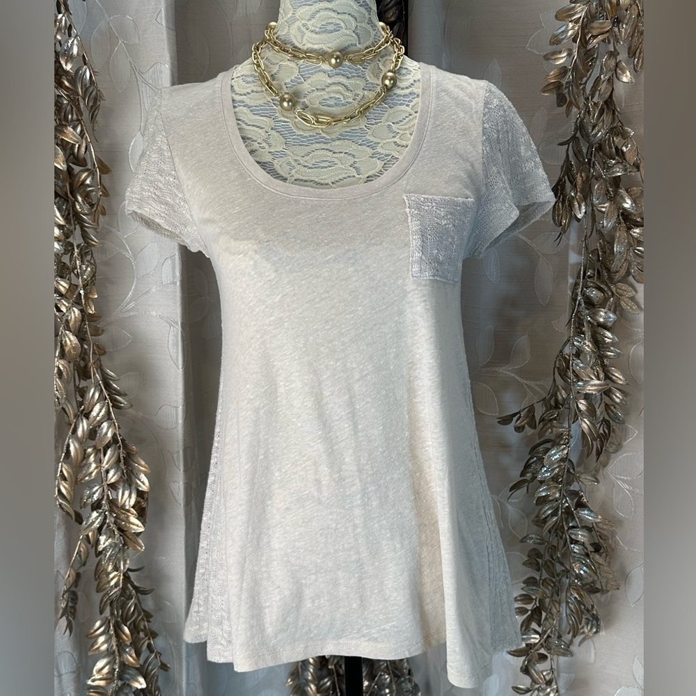 Anthropologie Tan Beige Sweater Knit Sleeve & Back Flowy Tee Shirt Women’s Small